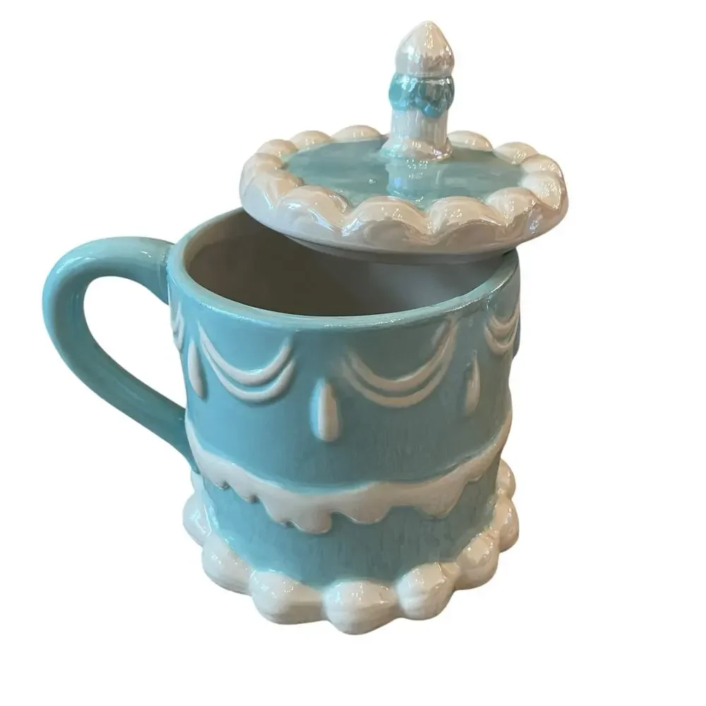 2pc Sheffield Home Hand Painted Blue Happy Birthday Cake Mug with Candle Lid New